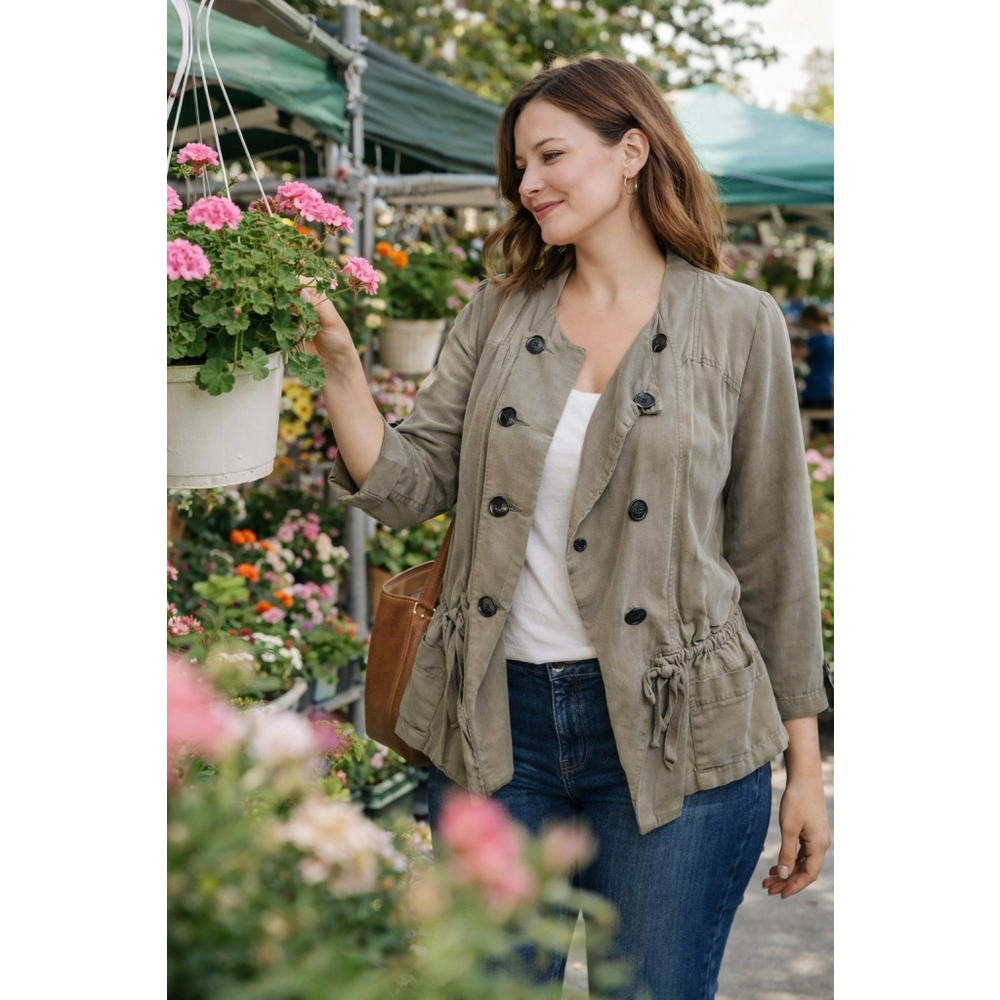 Kensie M Utility Jacket Rayon Blend Drawstring Waist Sage Casual Layering Coat